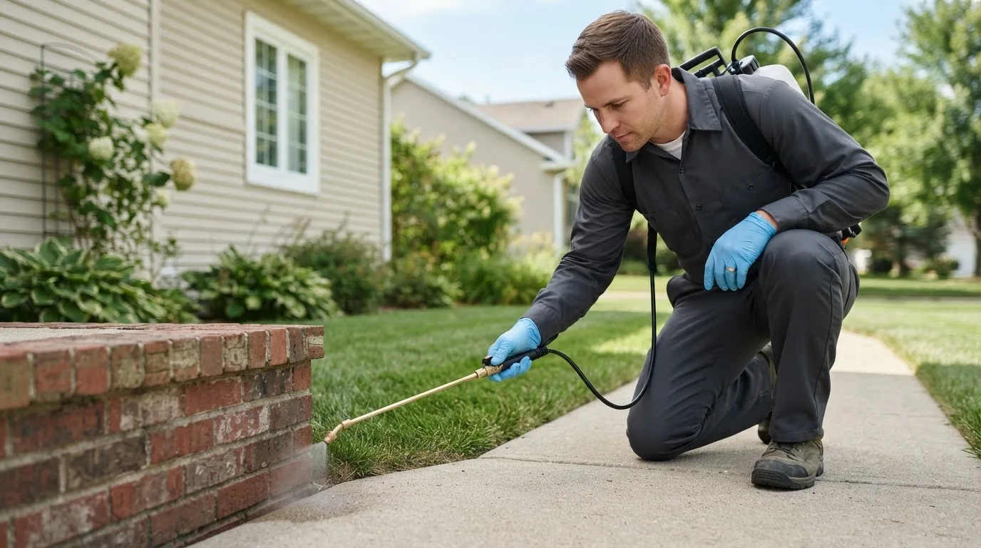 Pest control technician treating a home near Grand Terrace, CA