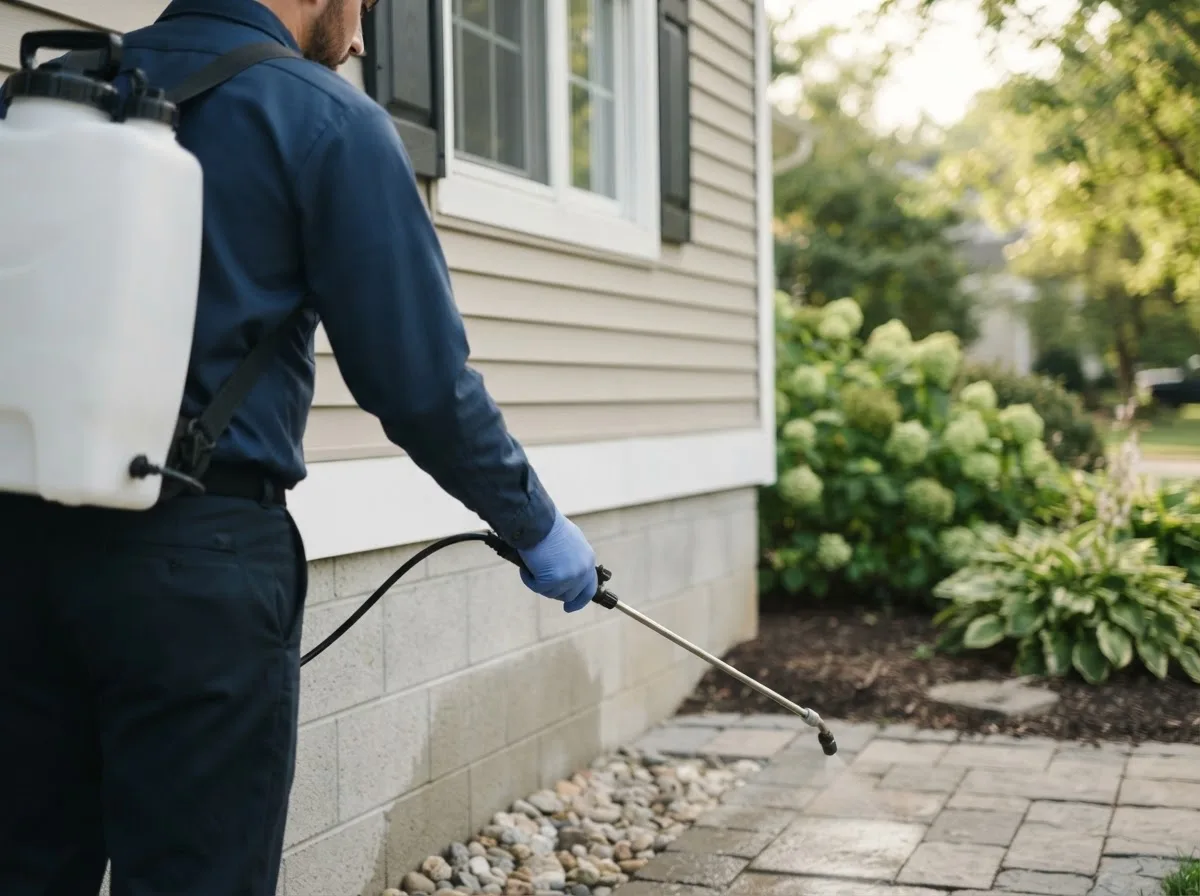 Pest control technician inspecting a home in Grand Terrace, CA
